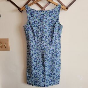 Vintage Express Tank Top Mini Dress Blue Floral Stretch Small 5/6 Y2K Coastal
